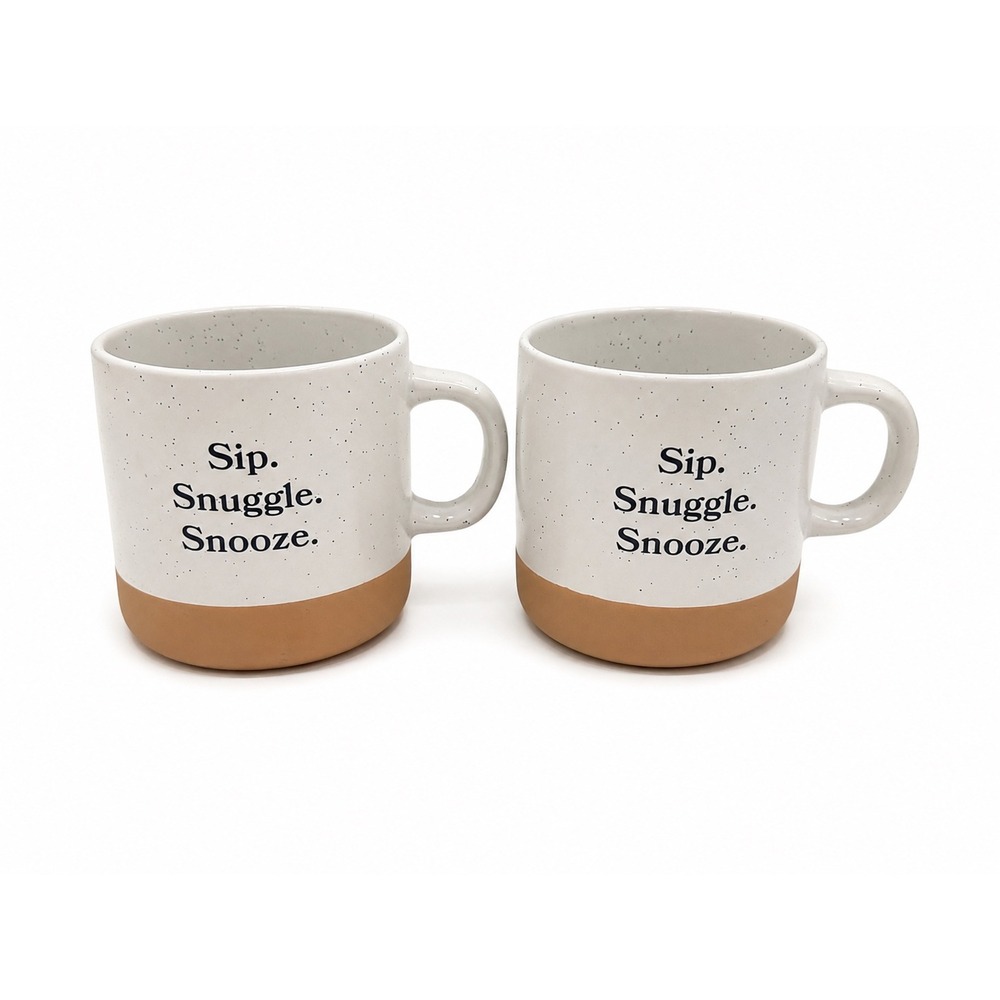 Set of 2 Speckled Ceramic Coffee Mugs Sip Snuggle Snooze White Tan Rustic